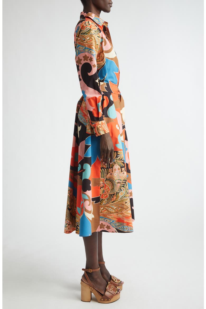 Paisley Lotus Print Long Sleeve Midi Shirtdress, Alternate, color, RED