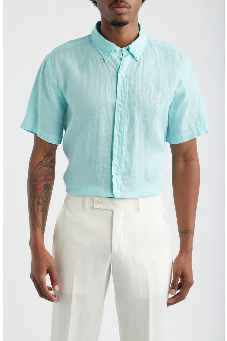 Classic Fit Linen Short Slleeve Button-Down Shirt, Main, color, NEW AQUA