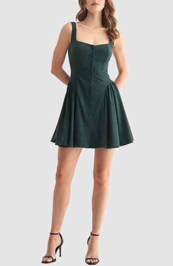 Lush Corduroy Button Flare Minidress In Green