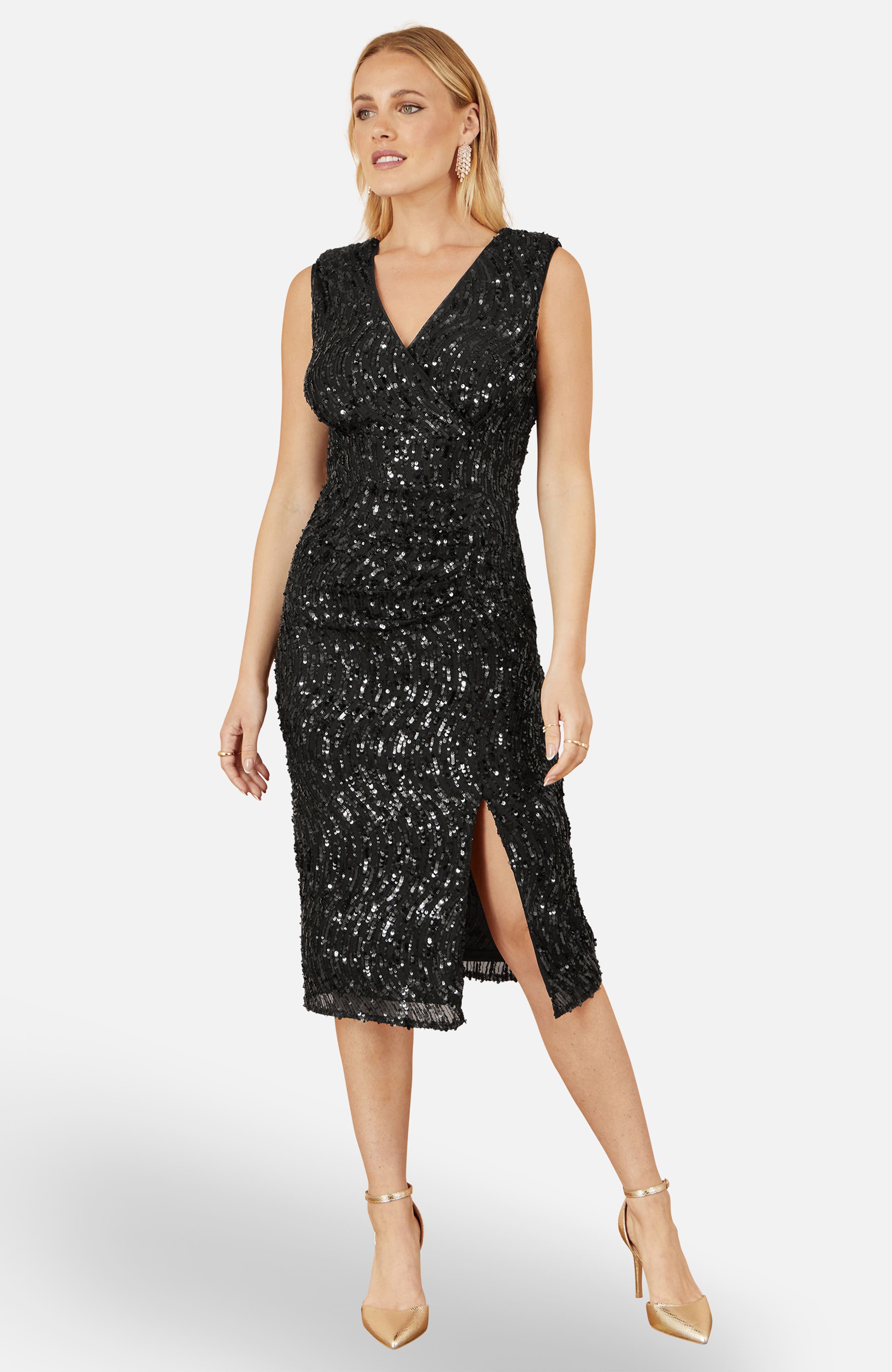 Sequin Split Hem Fitted Wrap Dress
