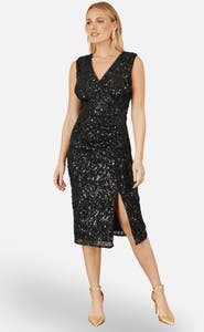 Yumi Sequin Split Hem Fitted Wrap Dress