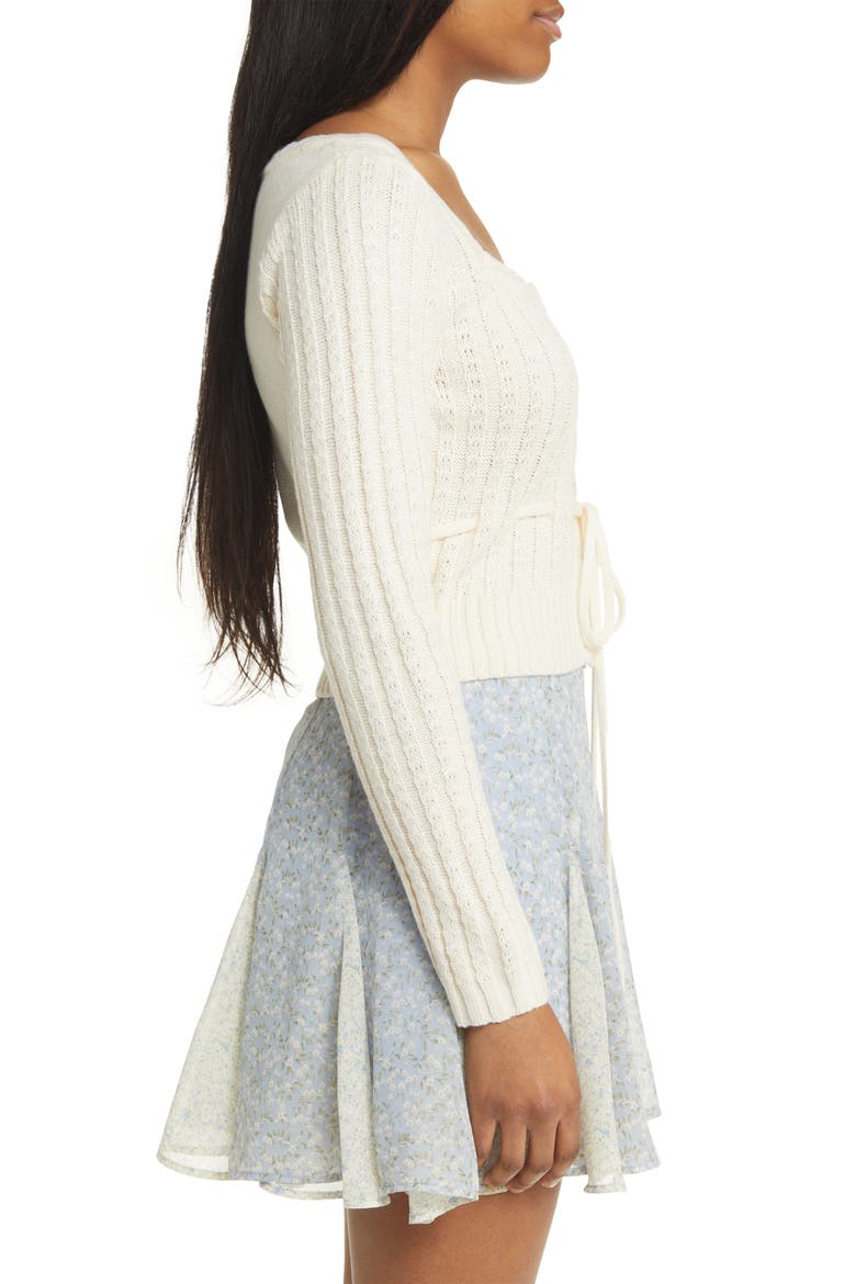 Drawstring Square Neck Cardigan, Alternate, color, CREAM