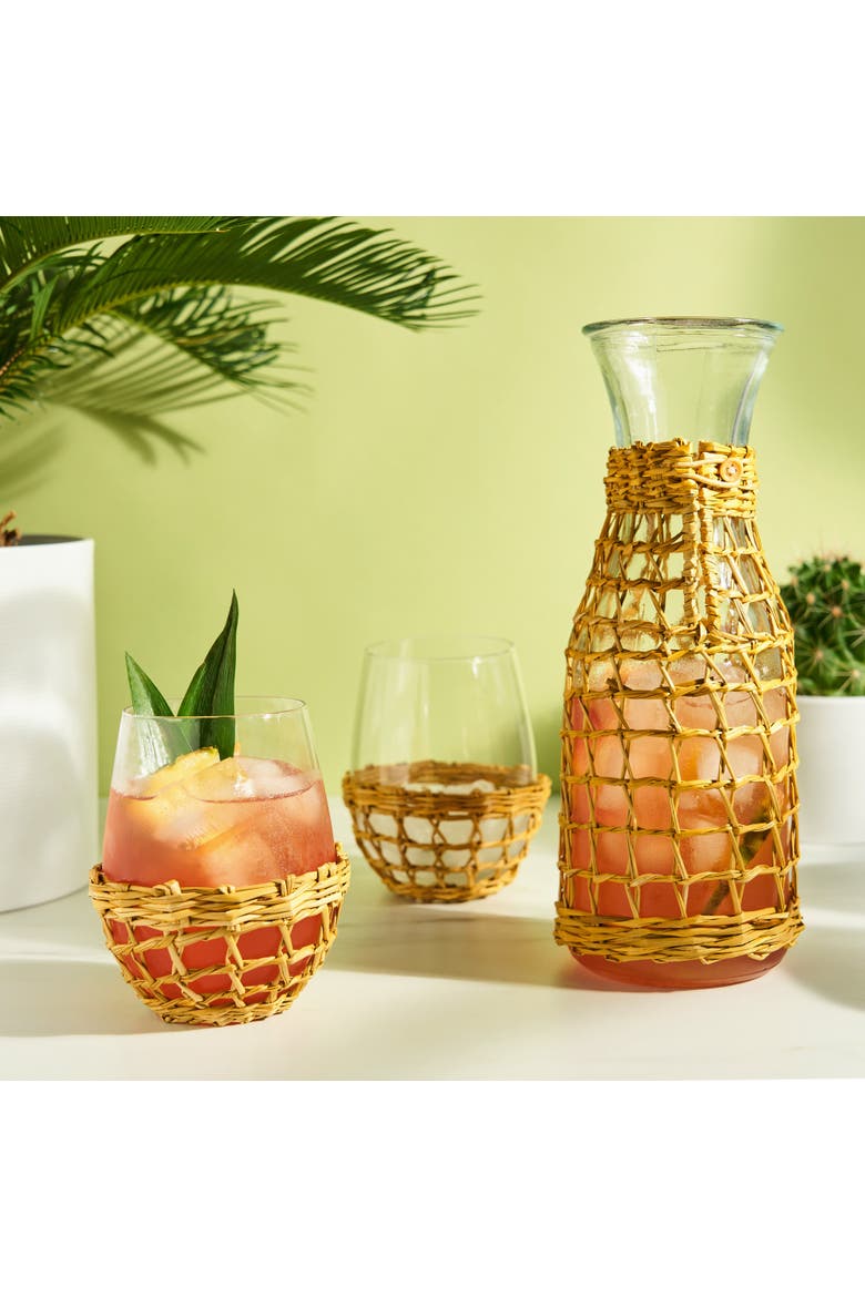 Island Carafe & Stemless Wine Glasses Set of 3, Alternate, color, Beige