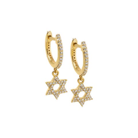 Diamond Pave Dangling Star Of David Huggie Earring 14K