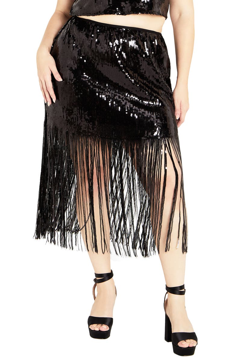 City Chic Savanna Sequin Fringe Skirt, Main, color, 