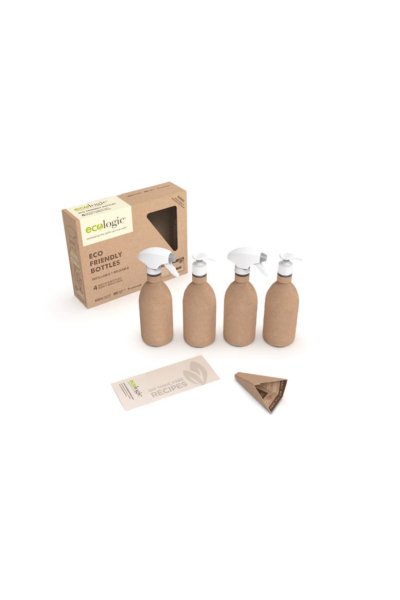 Kit of Four Refillable, Recyclable, Renewable, Containers ,Two Sprayers and Two Pumps, Alternate, color, Brown