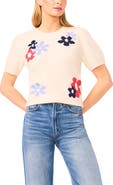 CeCe Groovy Flower Short Sleeve Sweater