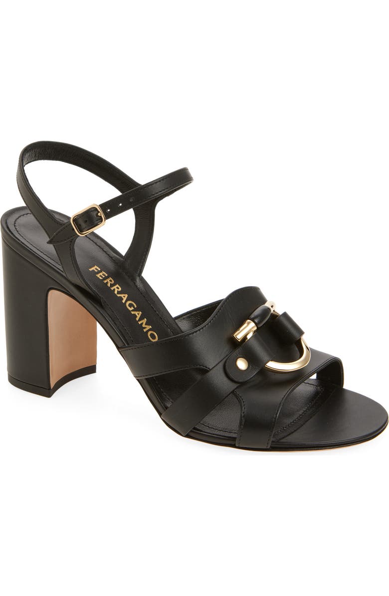 FERRAGAMO Lumya Gancio Ankle Strap Block Heel Sandal, Main, color, Black