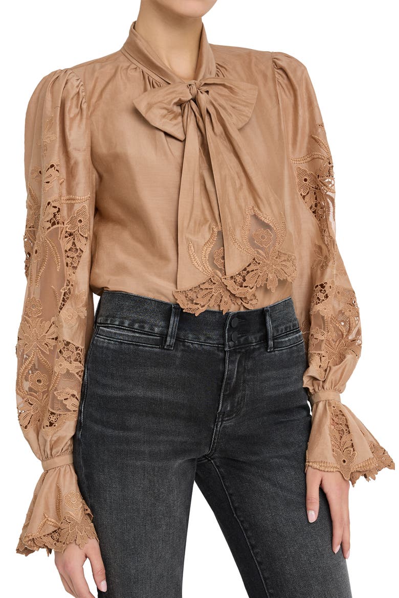 Valerie Embroidered Cotton & Silk Shirt, Main, color, TOFFEE