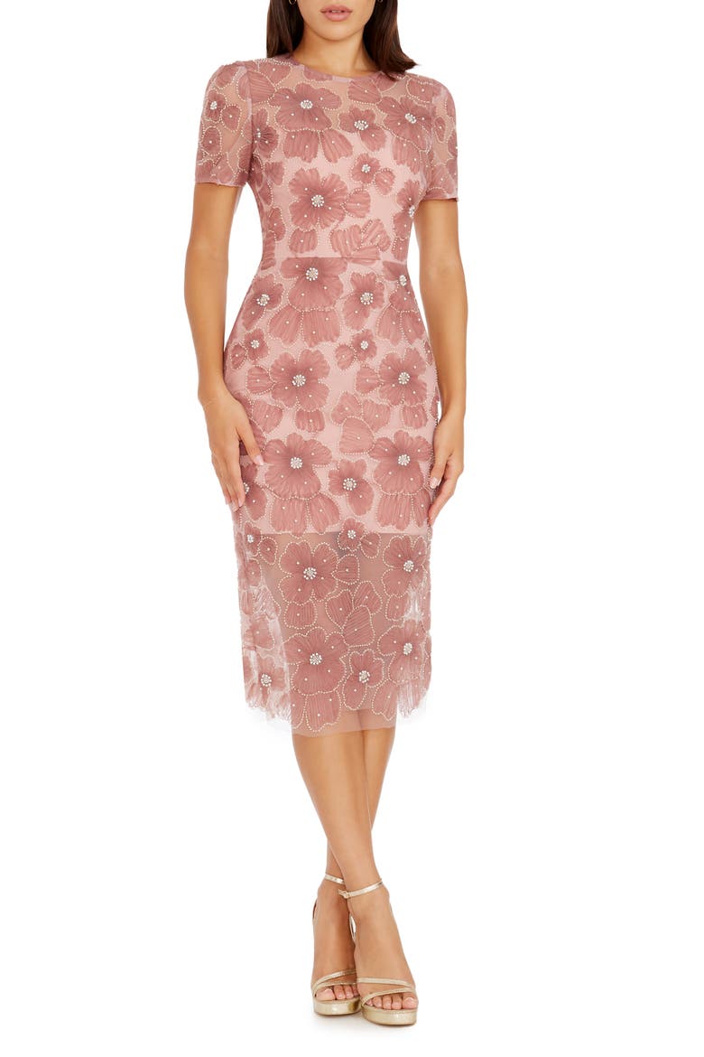Lia Bead & Flower Appliqué Sheath Dress, Main, color, MAUVE MULTI