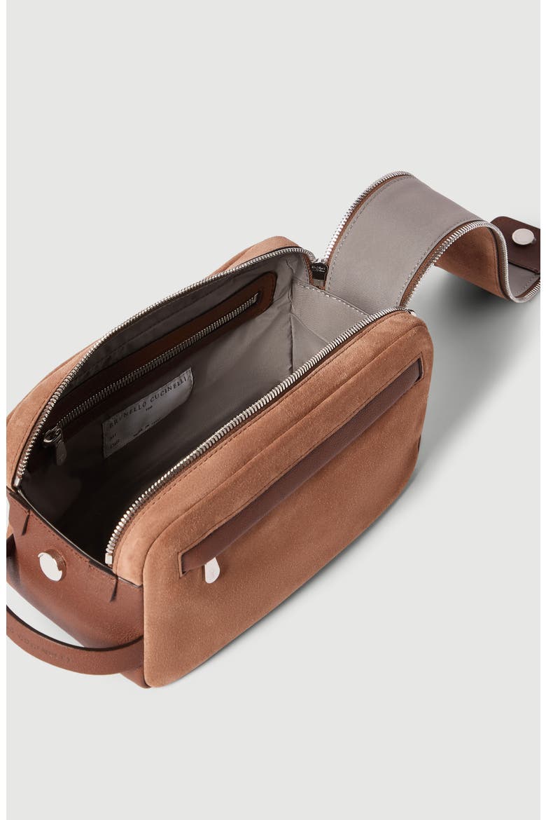 Suede and buffalo leather beauty case with double zipper, Alternate, color, Tobacco