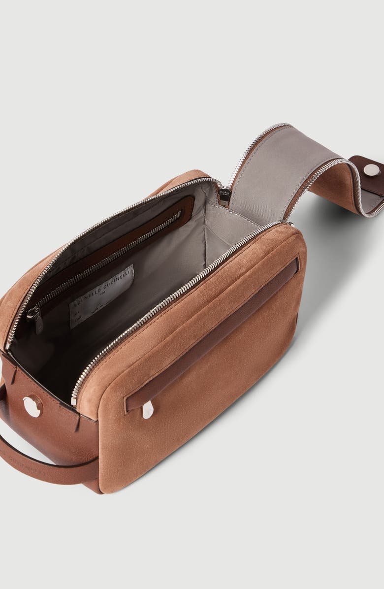 Brunello Cucinelli Suede and buffalo leather beauty case, Alternate, color, Tobacco