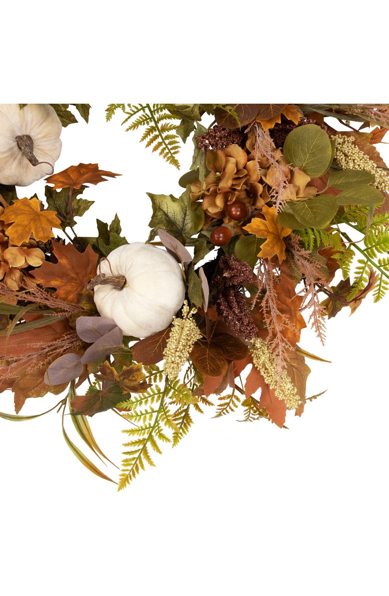 Northlight Velvet Pumpkins, Acorns and Mixed Autumn Foliage Artificial Fall Harvest Wreath - 26", Alternate, color, Green