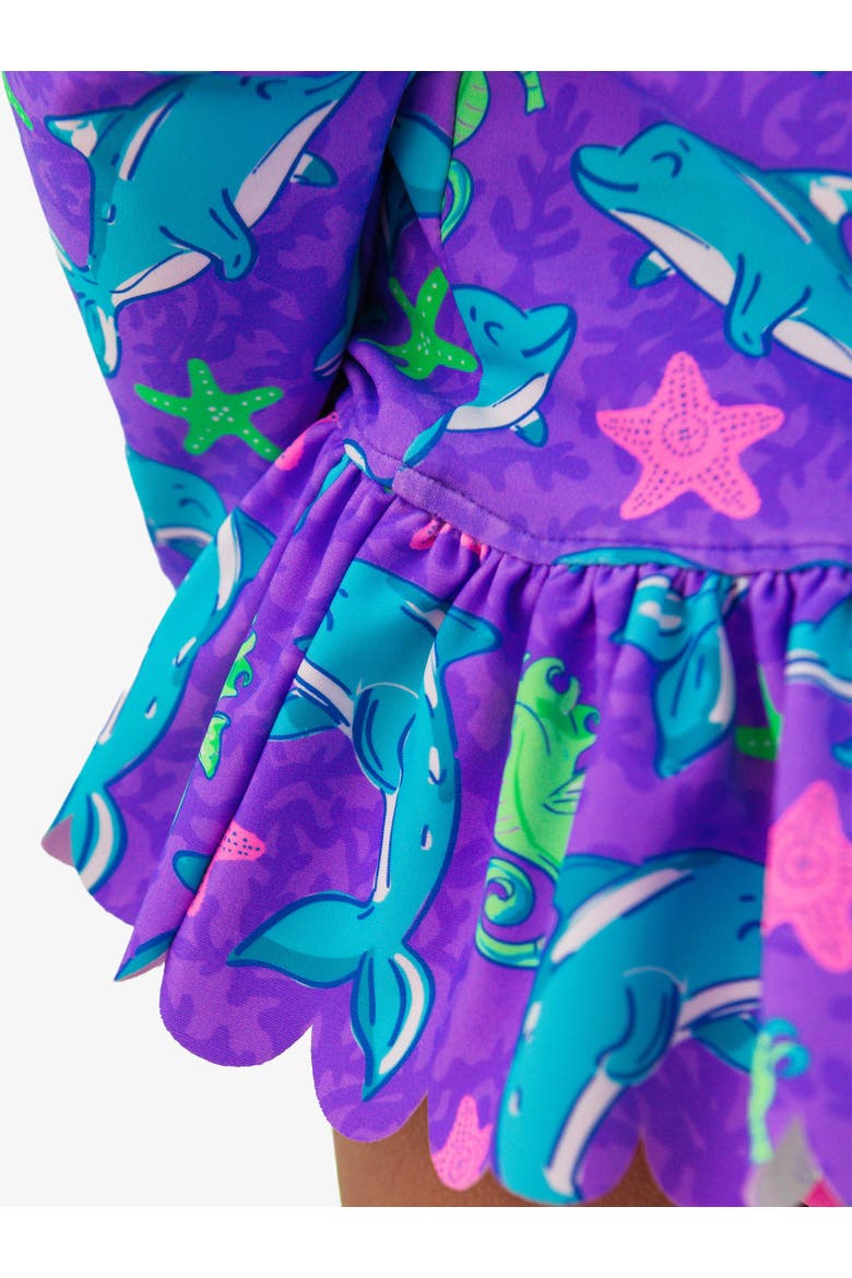 Girls UPF50+ Sun Protected Scallop Hem Long Sleeve Rash Guard Bikini, Alternate, color, Neon Fin Friends