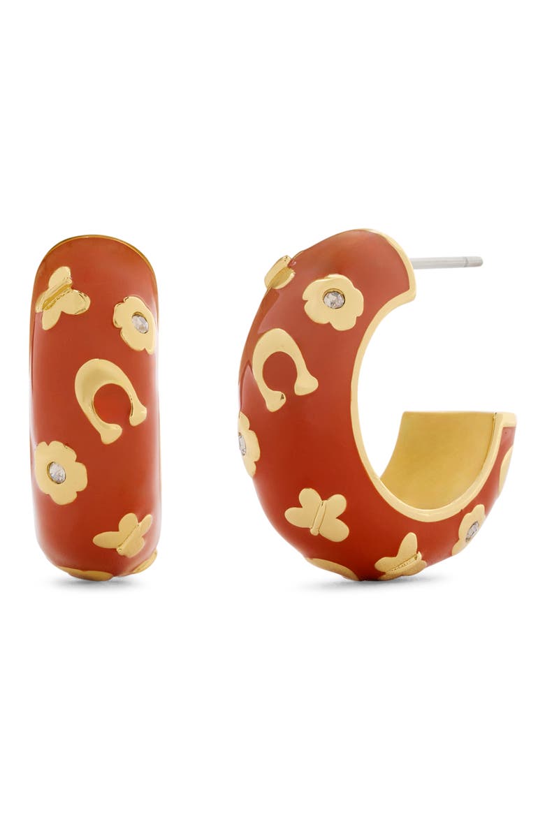 Chubby Floral Enamel Huggie Hoop Earrings, Main, color, BROWN/ GOLD