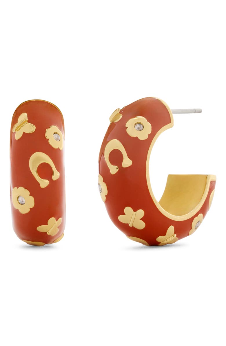 COACH Chubby Floral Enamel Huggie Hoop Earrings, Main, color, Brown/ Gold