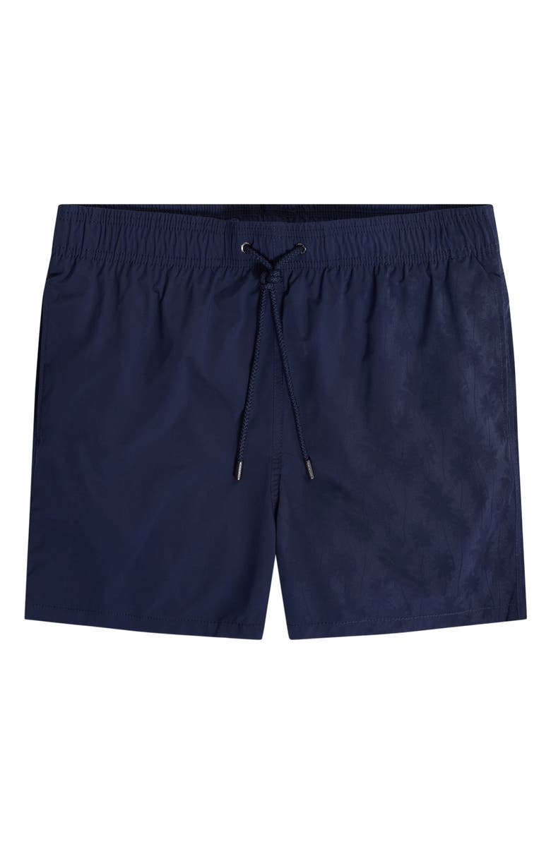 Bugatchi Zane Mid Length Print Swim Trunks, Alternate, color, Navy