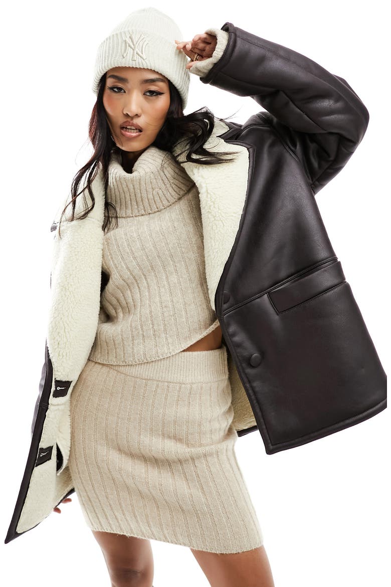 Faux Leather & Faux Shearling Car Coat, Main, color, BROWN