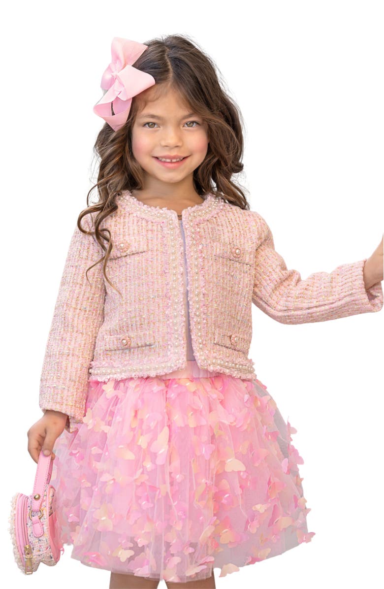 Mia Belle Girls Girls  Sparkle Tweed Jacket & Butterfly Tutu Skirt Set, Main, color, Pink