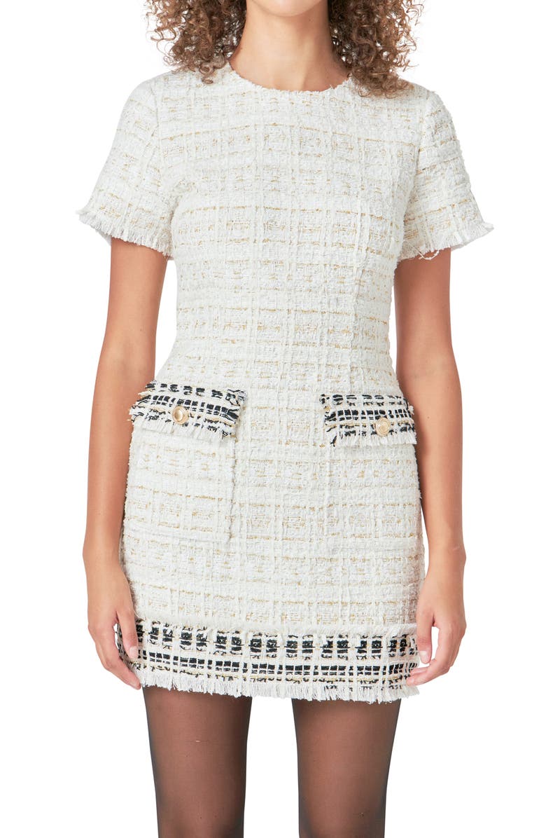 Endless Rose Fringe Tweed Minidress, Alternate, color, Ivory Multi