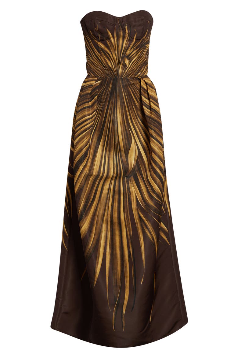 Palm Print Strapless Faille Dress, Alternate, color, BROWN/ BROWN