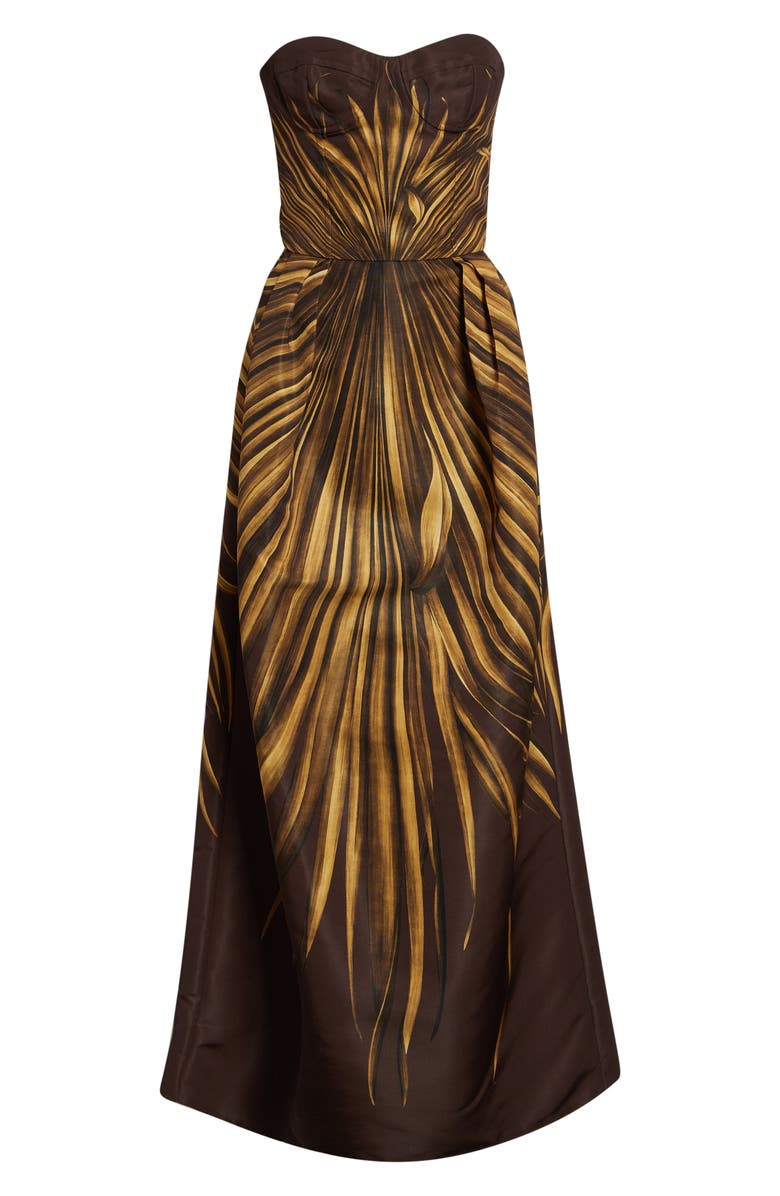 Oscar de la Renta Palm Print Strapless Faille Dress, Main, color, Brown/ Brown