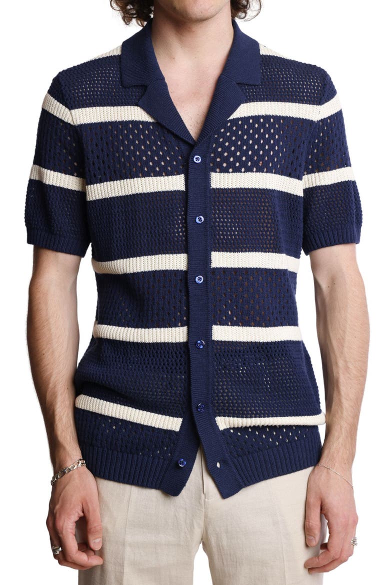 Open Stitch Short Sleeve Button-Up Shirt, Main, color, NAVY & CREAM