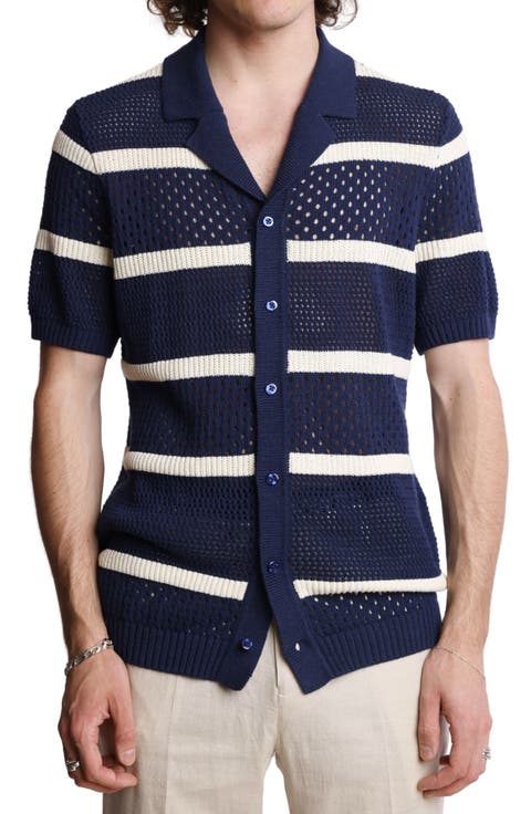 Open Stitch Short Sleeve Button-Up Shirt