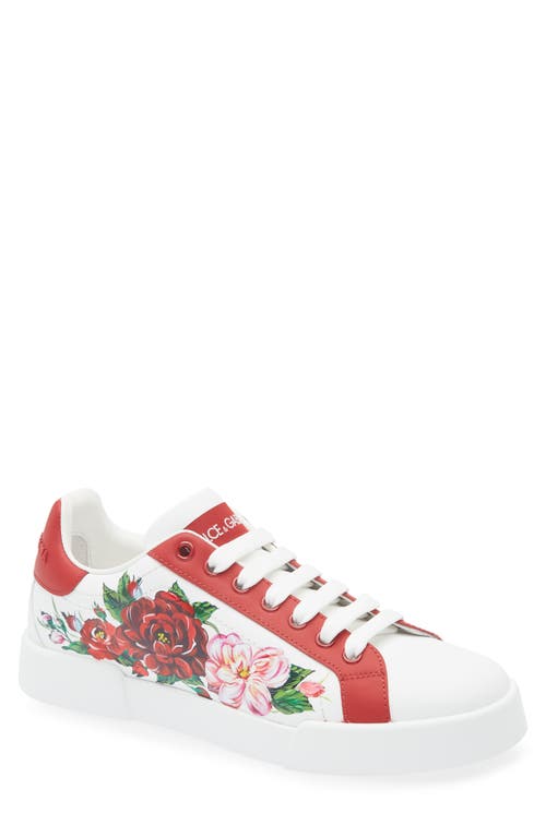 Dolce & Gabbana Portofino Painted Flower Leather Sneakers In Ha5pd Fondo Bianco