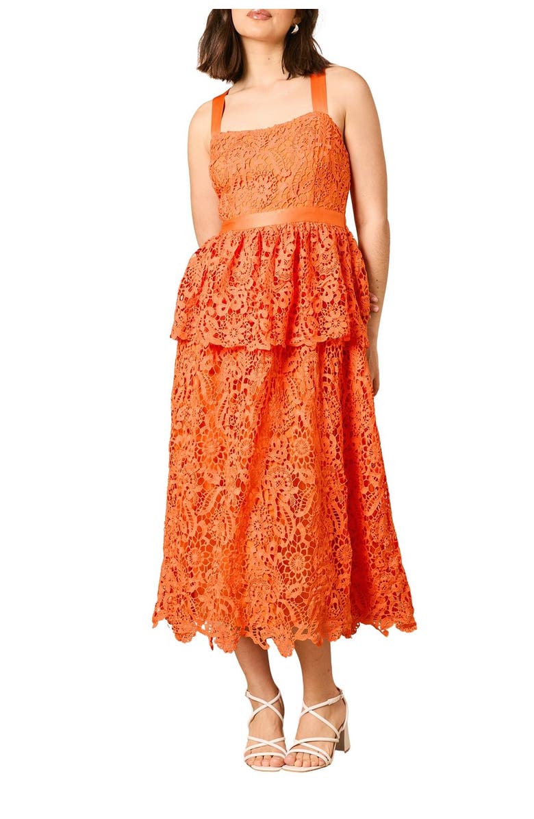 Oasis Cross Strap Tiered Lace Midi Dress, Alternate, color, Orange