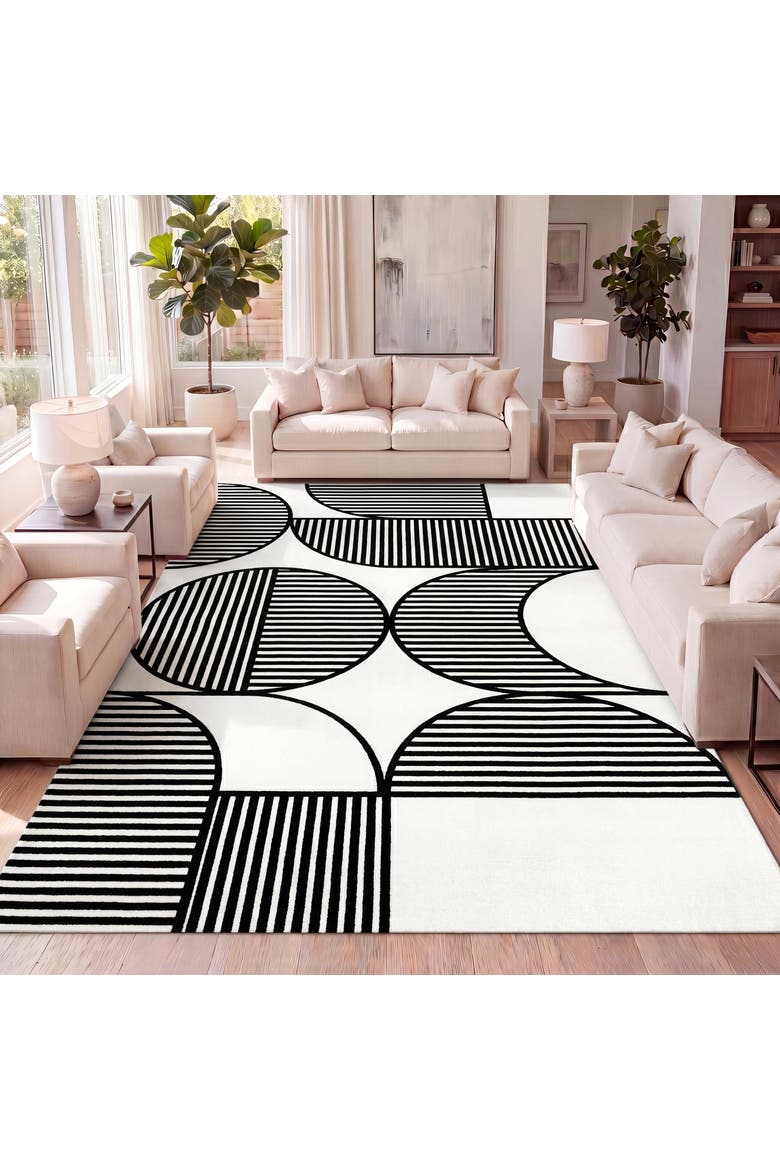 Nordby High-Low Geometric Arch Scandi Striped Indoor/Outdoor Area Rug, Alternate, color, Black/White