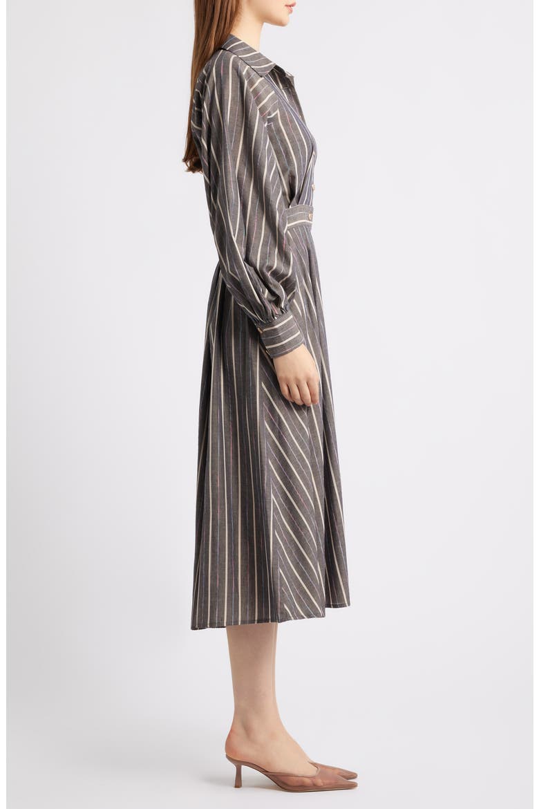 Stripe Pleated Long Sleeve Midi Shirtdress, Alternate, color, CHARCOAL