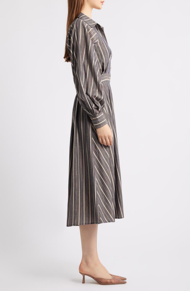 FREEMARKET Stripe Pleated Long Sleeve Midi Shirtdress, Alternate, color, Charcoal