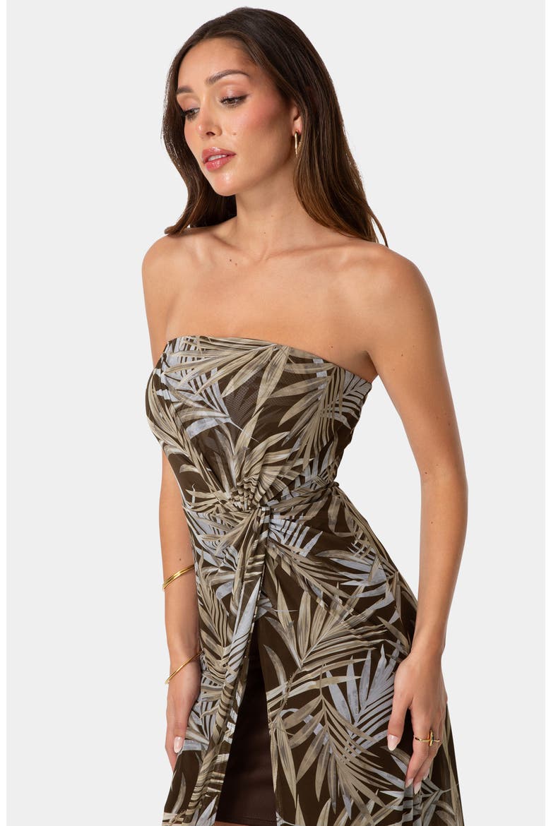 Palm Print Strapless Mesh Maxi Dress, Alternate, color, BROWN MULTI