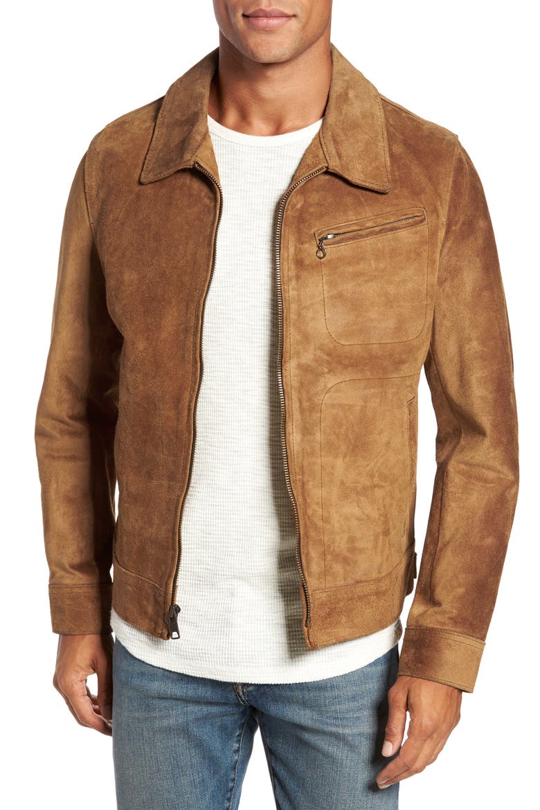 Unlined Rough Out Oiled Cowhide Trucker Jacket, Main, color, BROWN