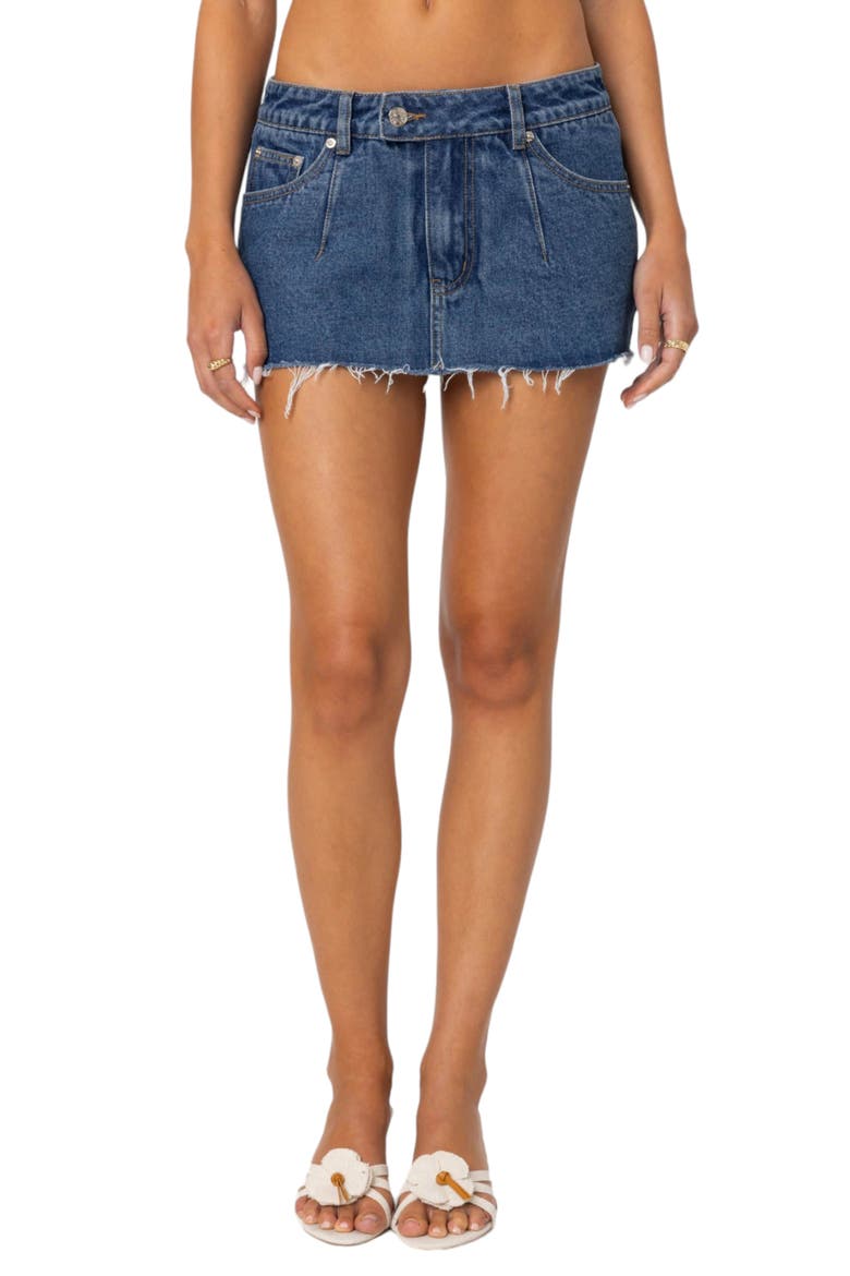 Clementine Low Rise Raw Hem Denim Miniskirt, Main, color, BLUE