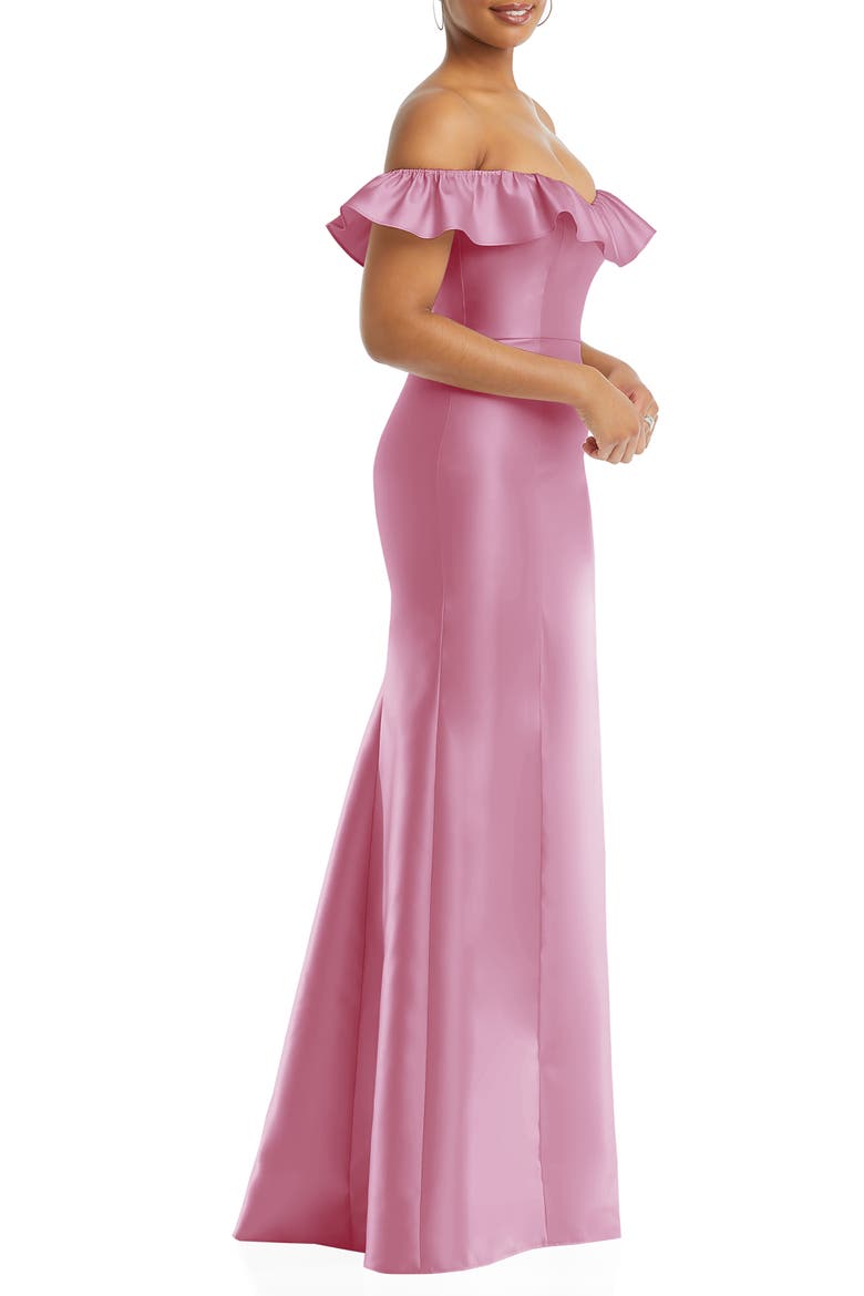 Off the Shoulder Ruffle Satin Trumpet Gown, Alternate, color, POWDER PINK