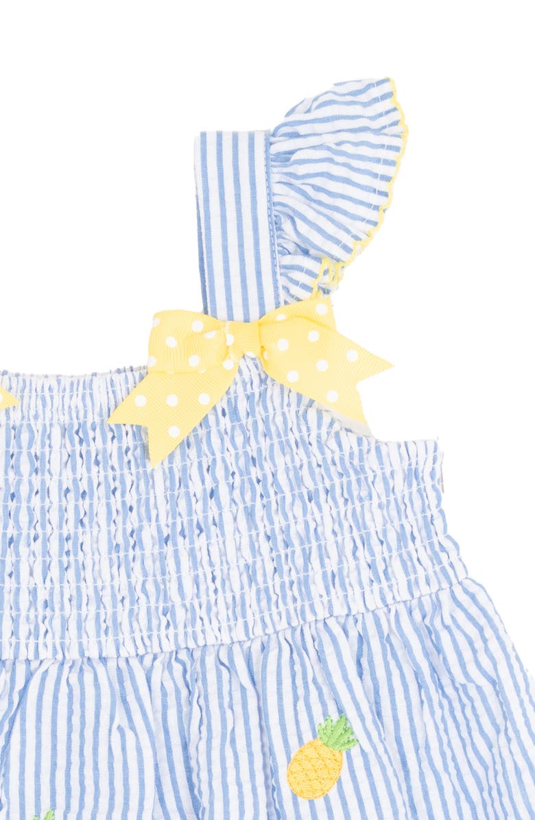 Rare Editions Ruffle Shirred Seersucker Dress & Bloomers, Alternate, color, Blue