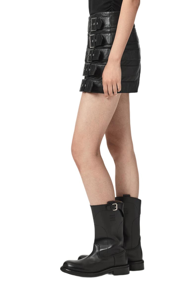 Betty Buckle Leather Miniskirt, Alternate, color, BLACK