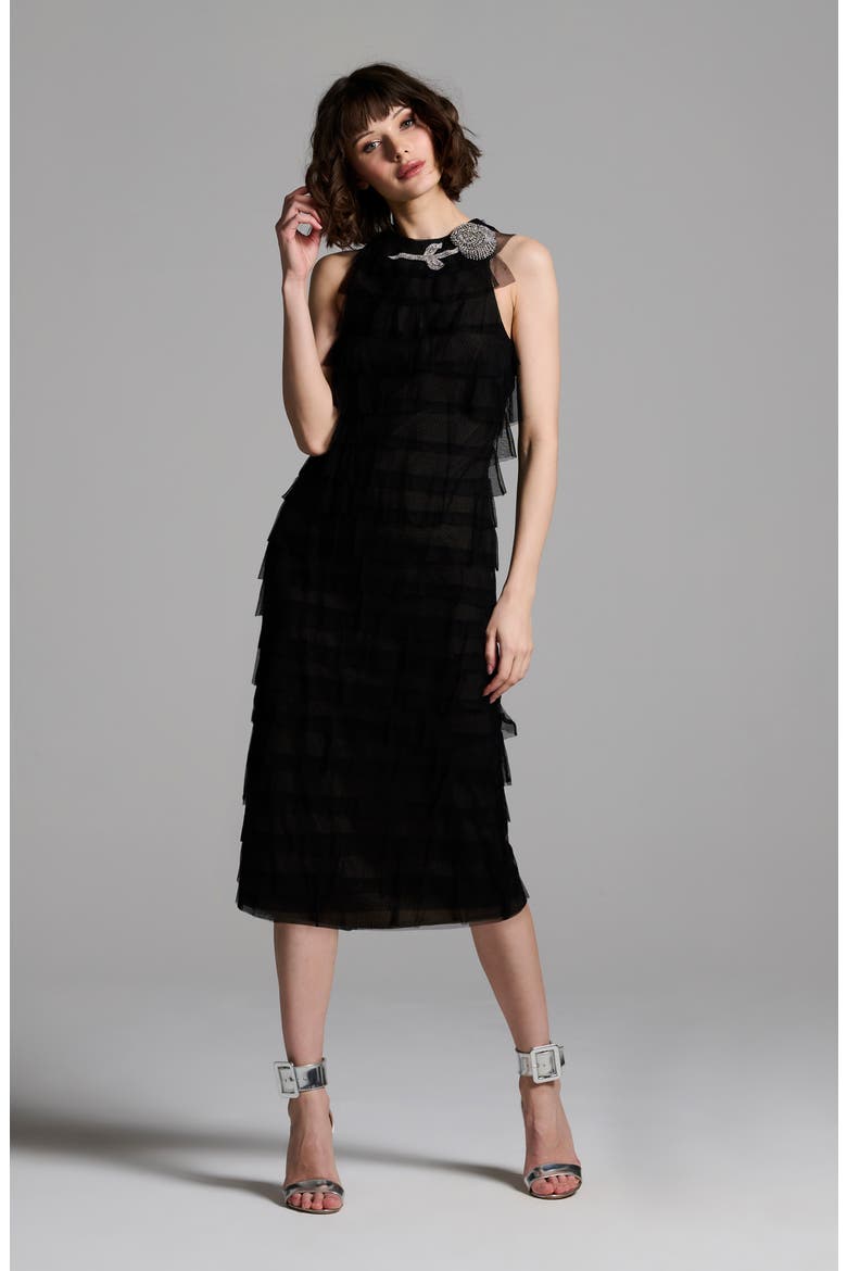 Spanish Tiered Tulle Cocktail Midi Dress, Alternate, color, BLACK