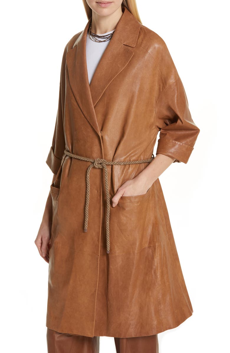 Brunello Cucinelli Rope Belt Nappa Leather Coat, Alternate, color,
