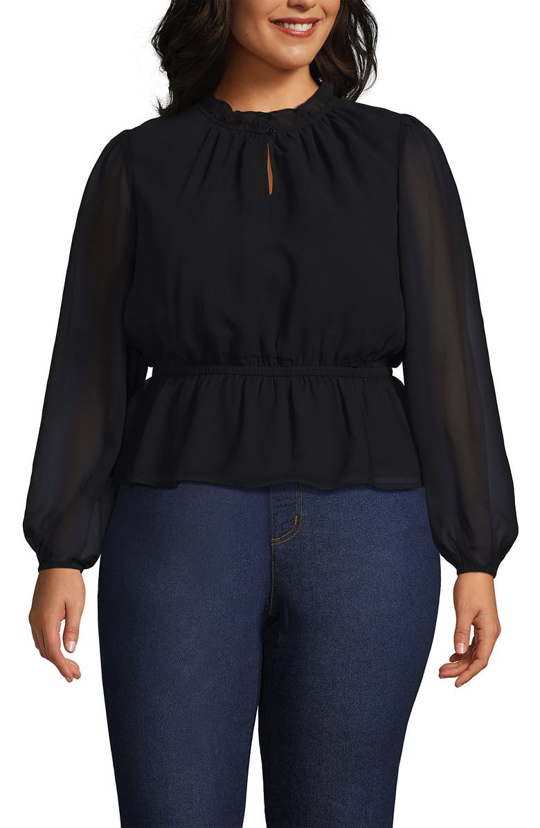 Lands' End Chiffon Peplum Top, Main, color, Black