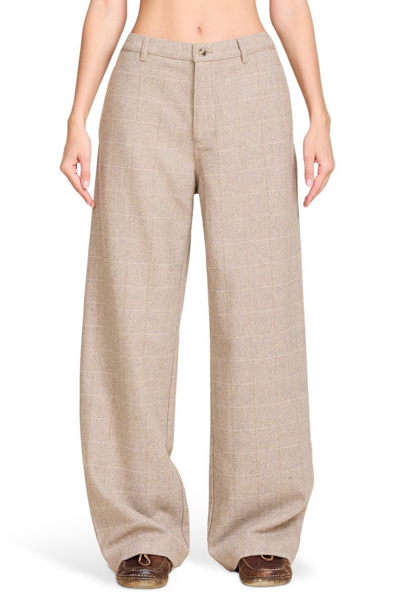 DENIMIST Flat Front Wide Leg Pants, Main, color, Tan Herringbone
