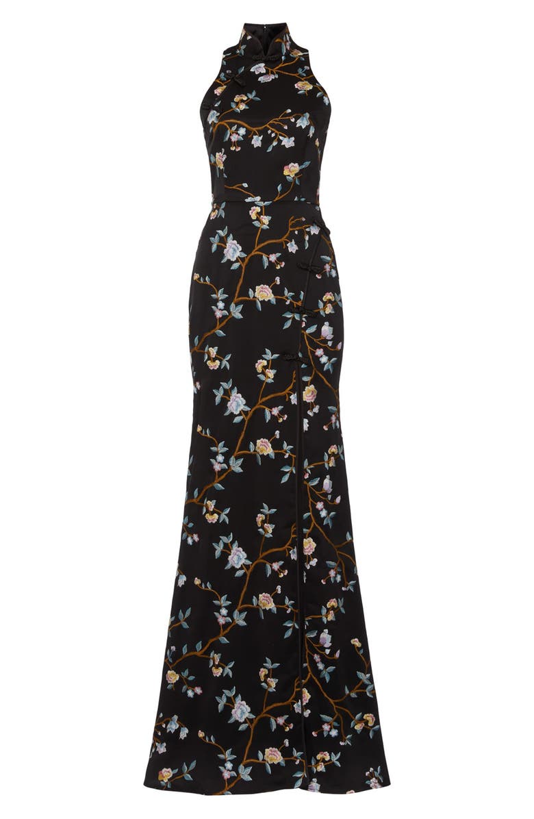 SAU LEE Ariana Floral Embroidered Gown, Alternate, color, Black