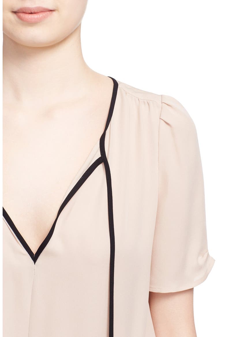 'Amone B' Split Neck Silk Blouse, Alternate, color, ALMOND W/ CAVIAR