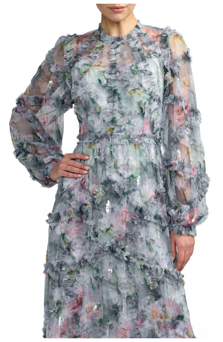 Mac Duggal Floral Long Sleeve High Neck Ruffle Detail Gown, Alternate, color, Platinum Multi