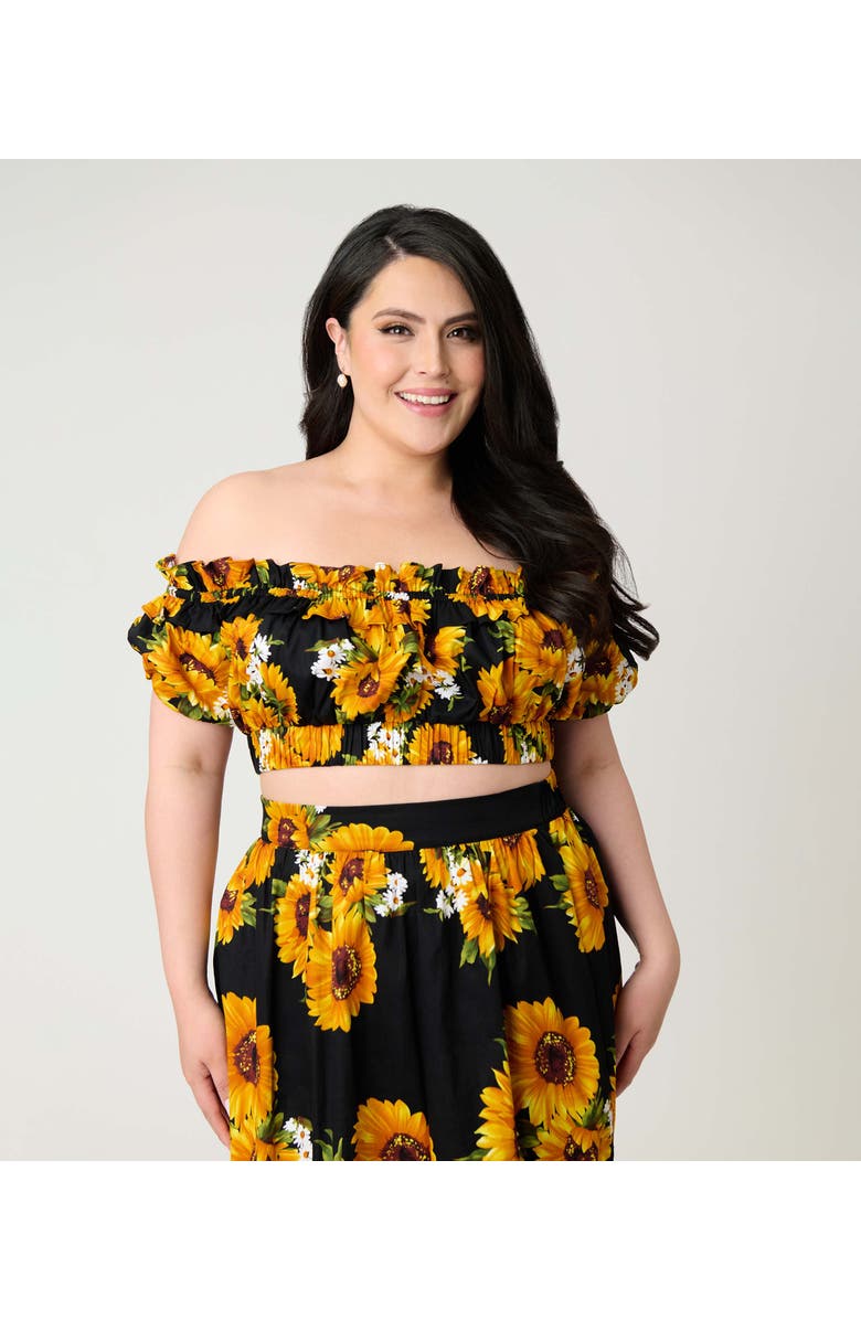 Unique Vintage Plus Size 1970s Off Ruffle Up Crop Top, Main, color, Black Floral Print