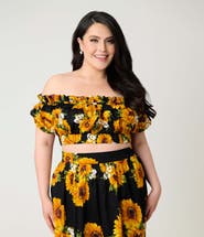 Unique Vintage Plus Size 1970s Off Ruffle Up Crop Top