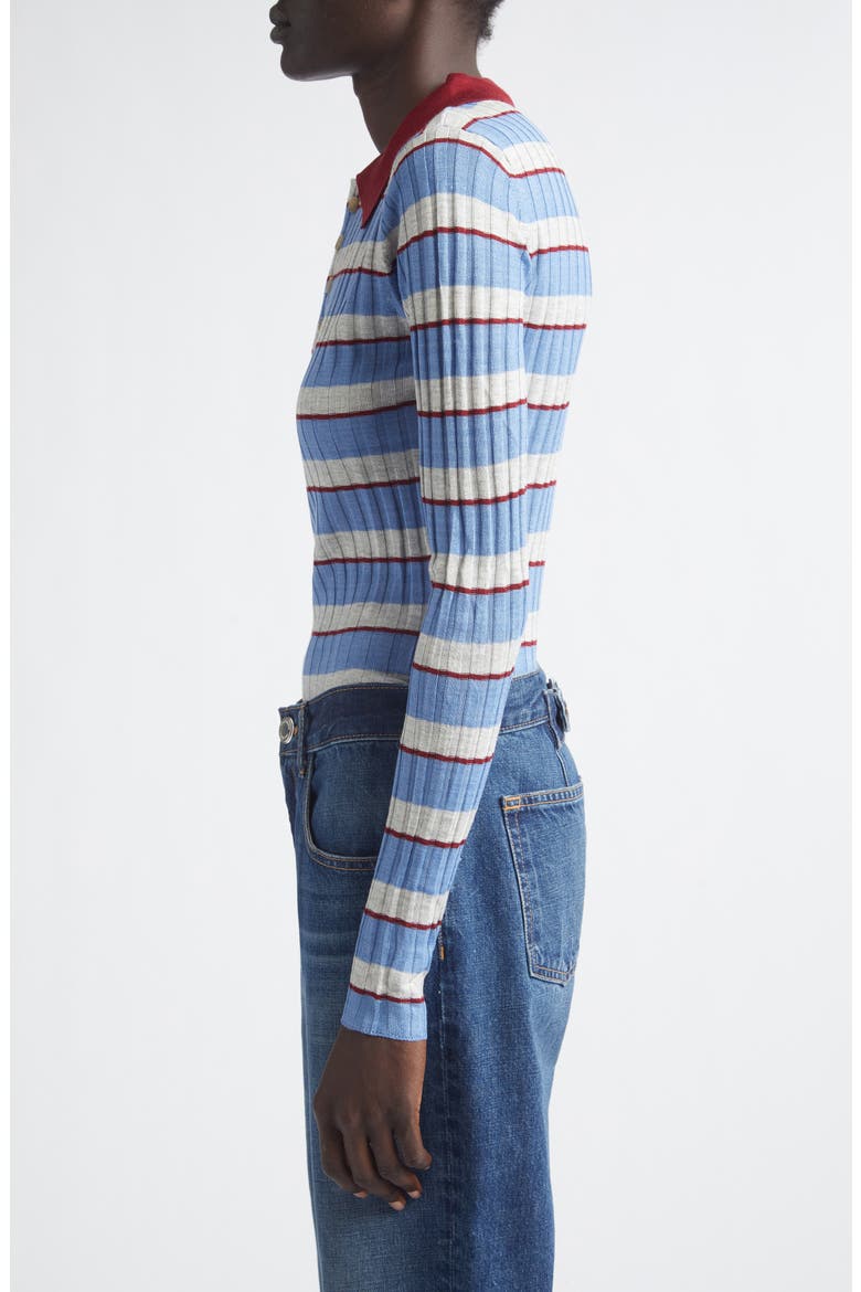 The Joni Stripe Rib Silk & Cashmere Polo Sweater, Alternate, color, BLUE STRIPE