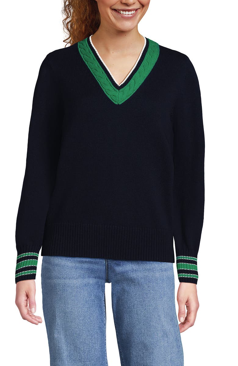 Lands' End Drifter Set in Sleeve Vneck Sweater, Alternate, color, Vibrant Clover/Ivory Tipping